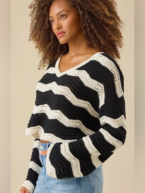 NWT Altar’d State Cora Textured Sweater Black Cream Striped Crochet Bell Sleeve - Picture 5 of 5